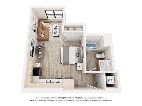 A 3D floor plan of a small apartment with a kitchen, living room, and bathroom.